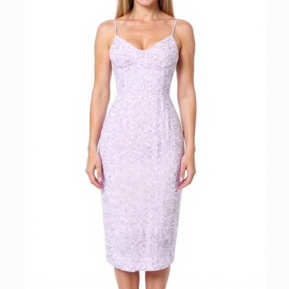 Dress The Population. Lace Pearl Beaded Sweetheart Neckline Midi Dress. - Picture 1 of 13